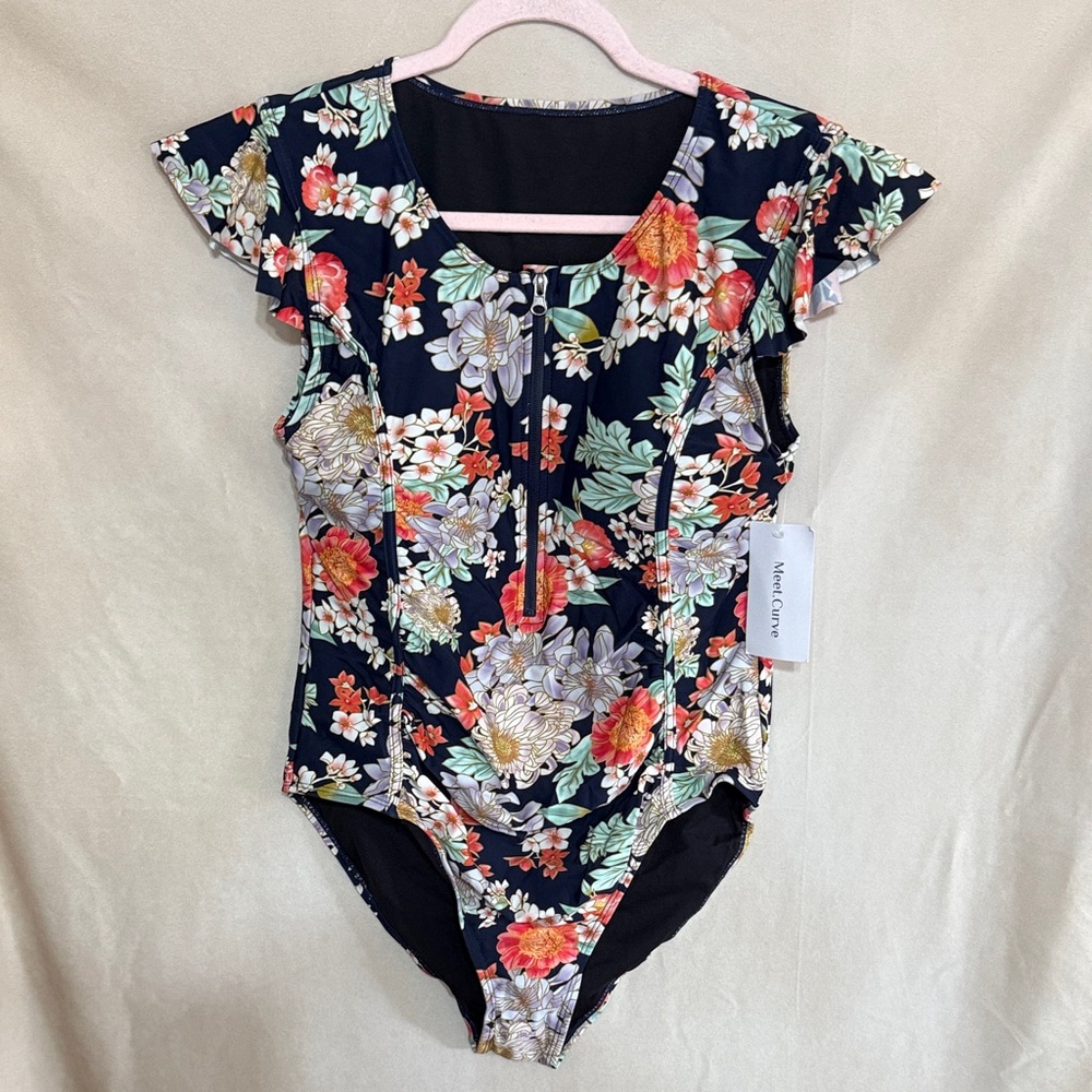 Floral Zip-Front One-Piece Swimsuit - Navy with Multicolor Blooms